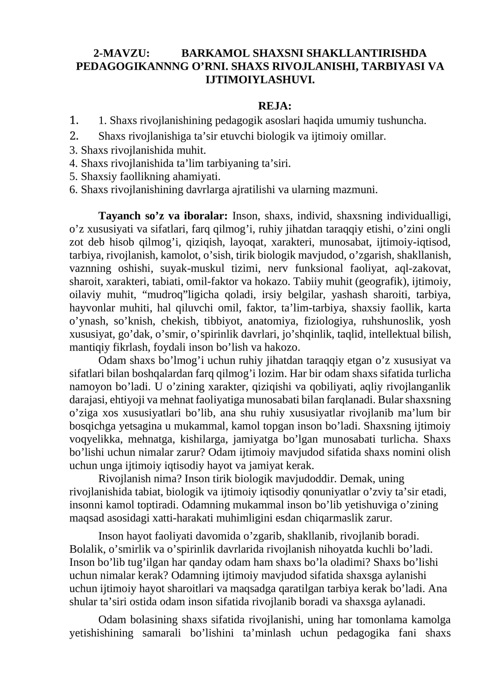 BARKAMOL SHAXSNI SHAKLLANTIRISHDA PEDAGOGIKANNNG O’RNI
