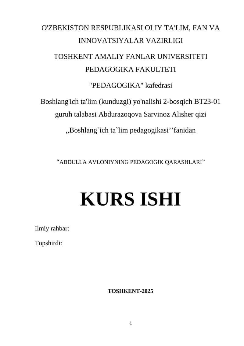 ABDULLA AVLONIYNING PEDAGOGIK QARASHLARI