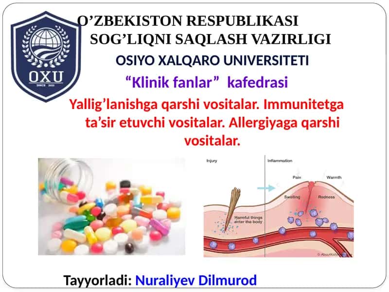 Yalligʻlanishga qarshi vositalar. Immunitetga taʼsir etuvchi vositalar