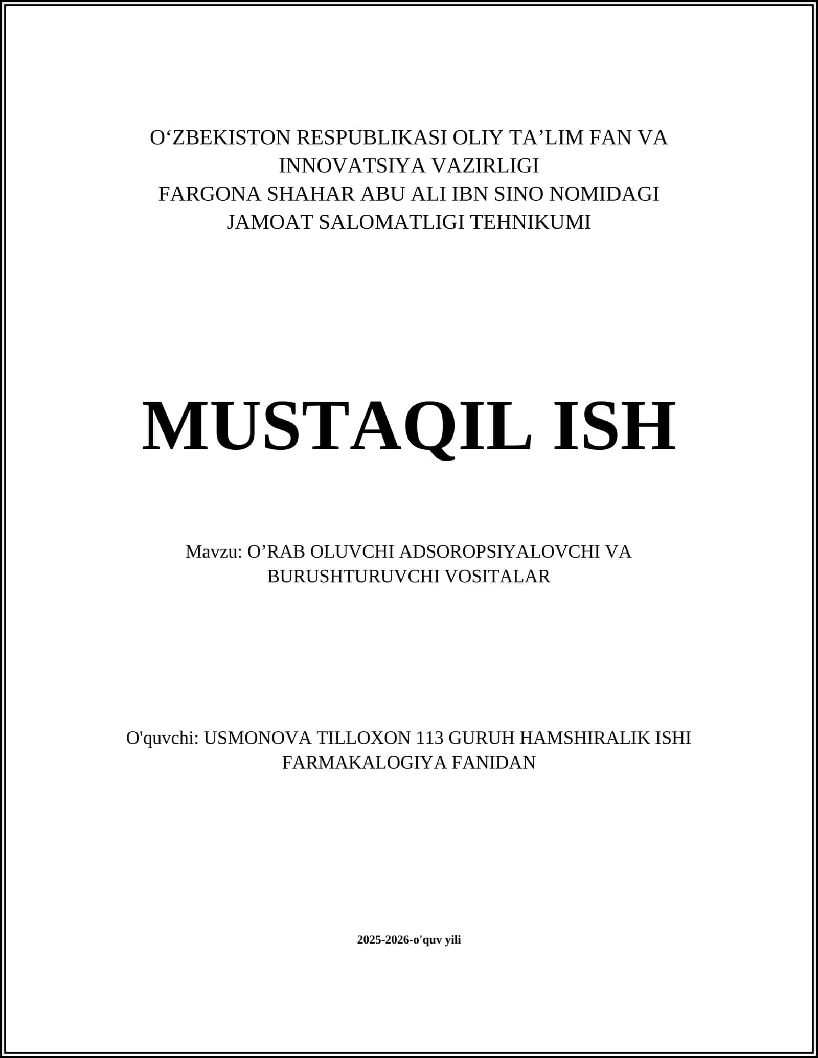 O’RAB OLUVCHI ADSOROPSIYALOVCHI VA BURUSHTURUVCHI VOSITALAR
