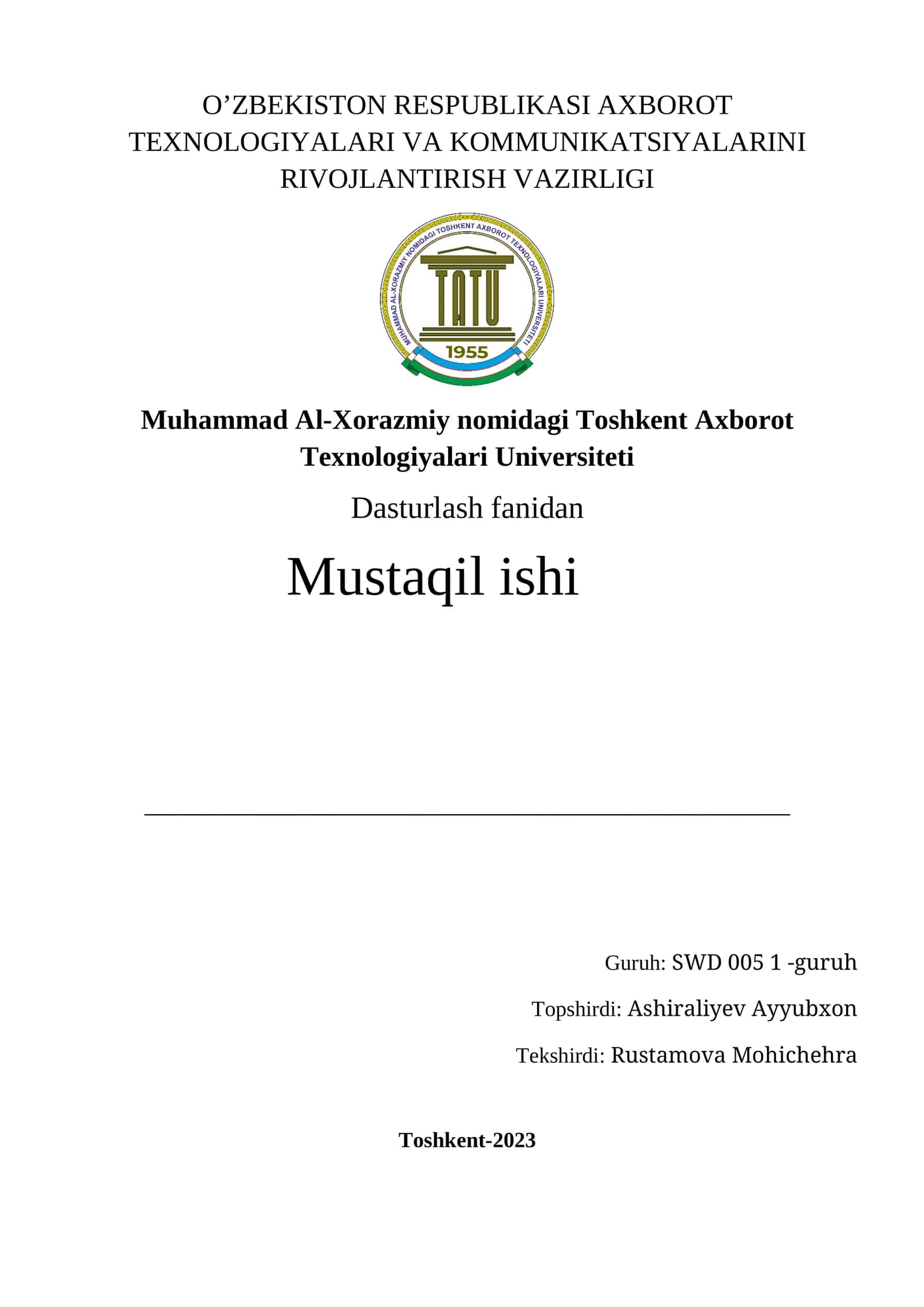 Dasturlash fanidan Mustaqil ishi