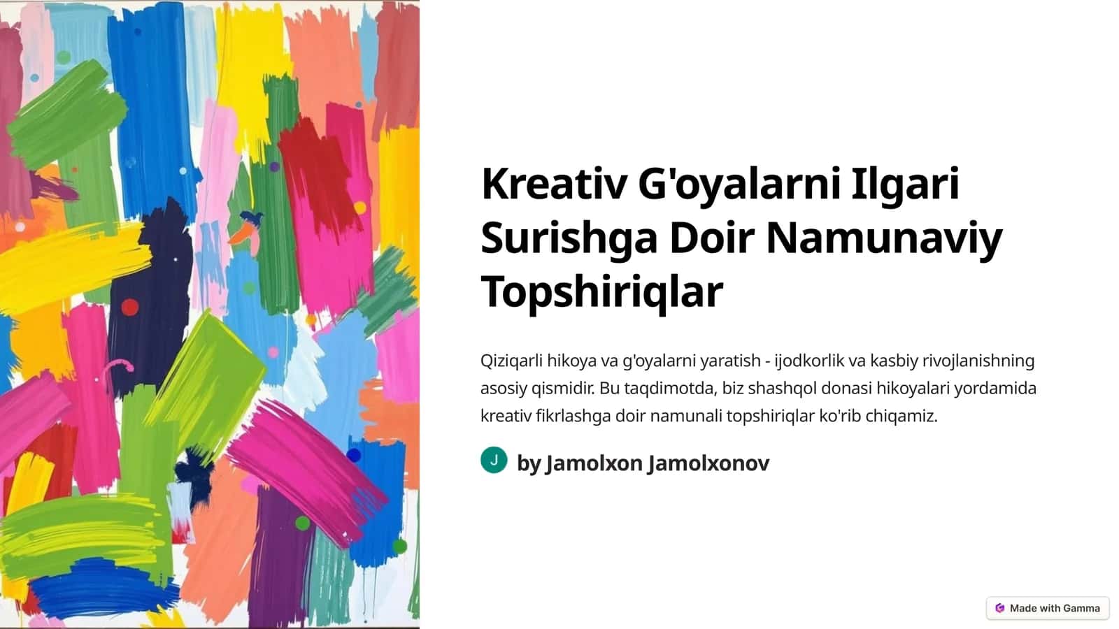 Kreativ G'oyalarni llgari Surishga
Doir Namunaviy Topshiriqlar