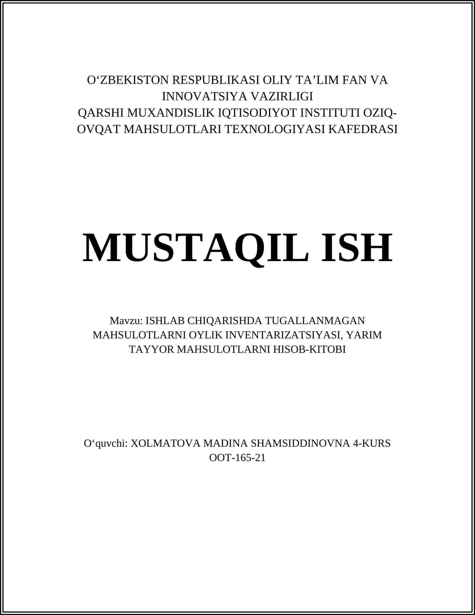 OZIQ-OVQAT MAHSULOTLARI TEXNOLOGIYASI KAFEDRASI