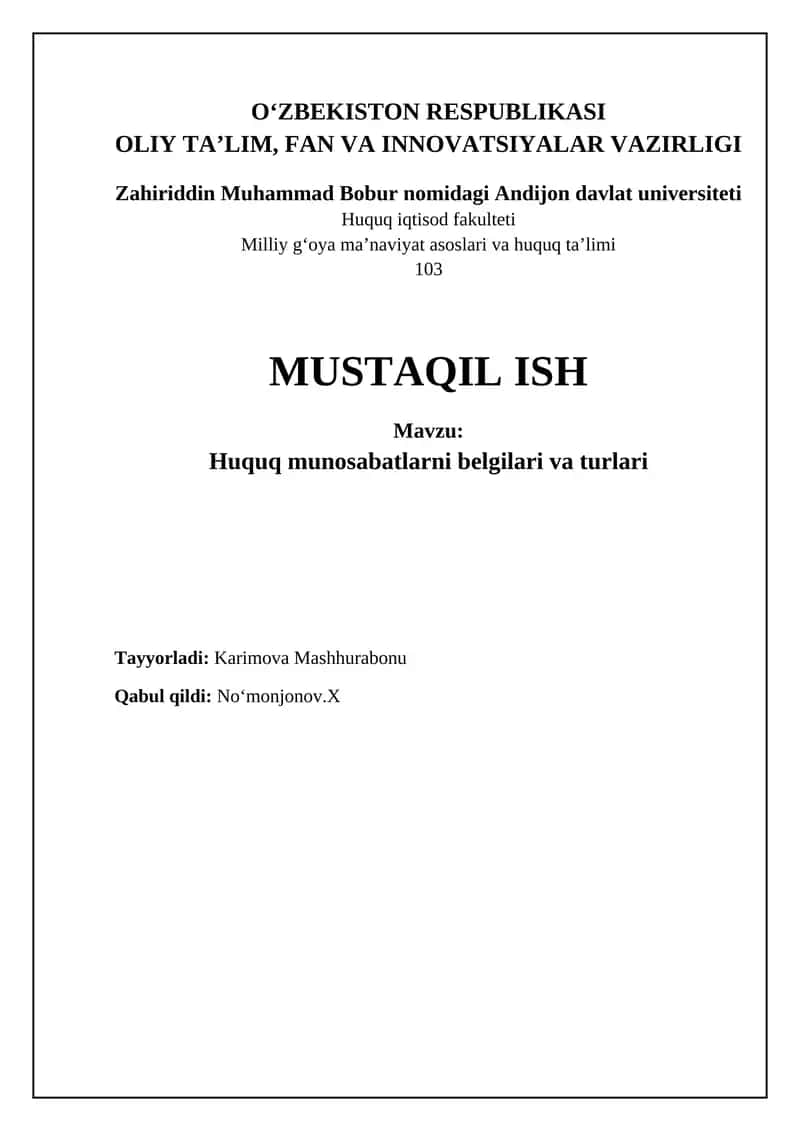 Huquq munosabatlarni belgilari va turlari