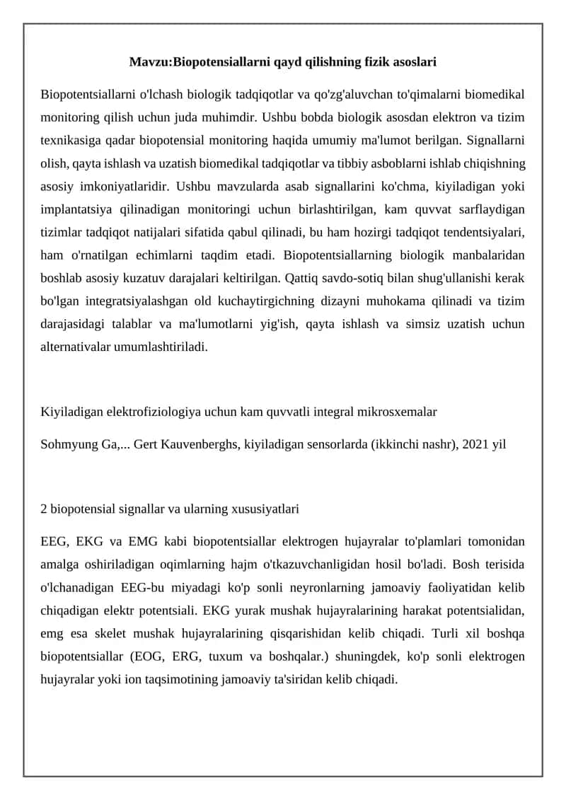 Biopotensiallarni qayd qilishning fizik asoslari