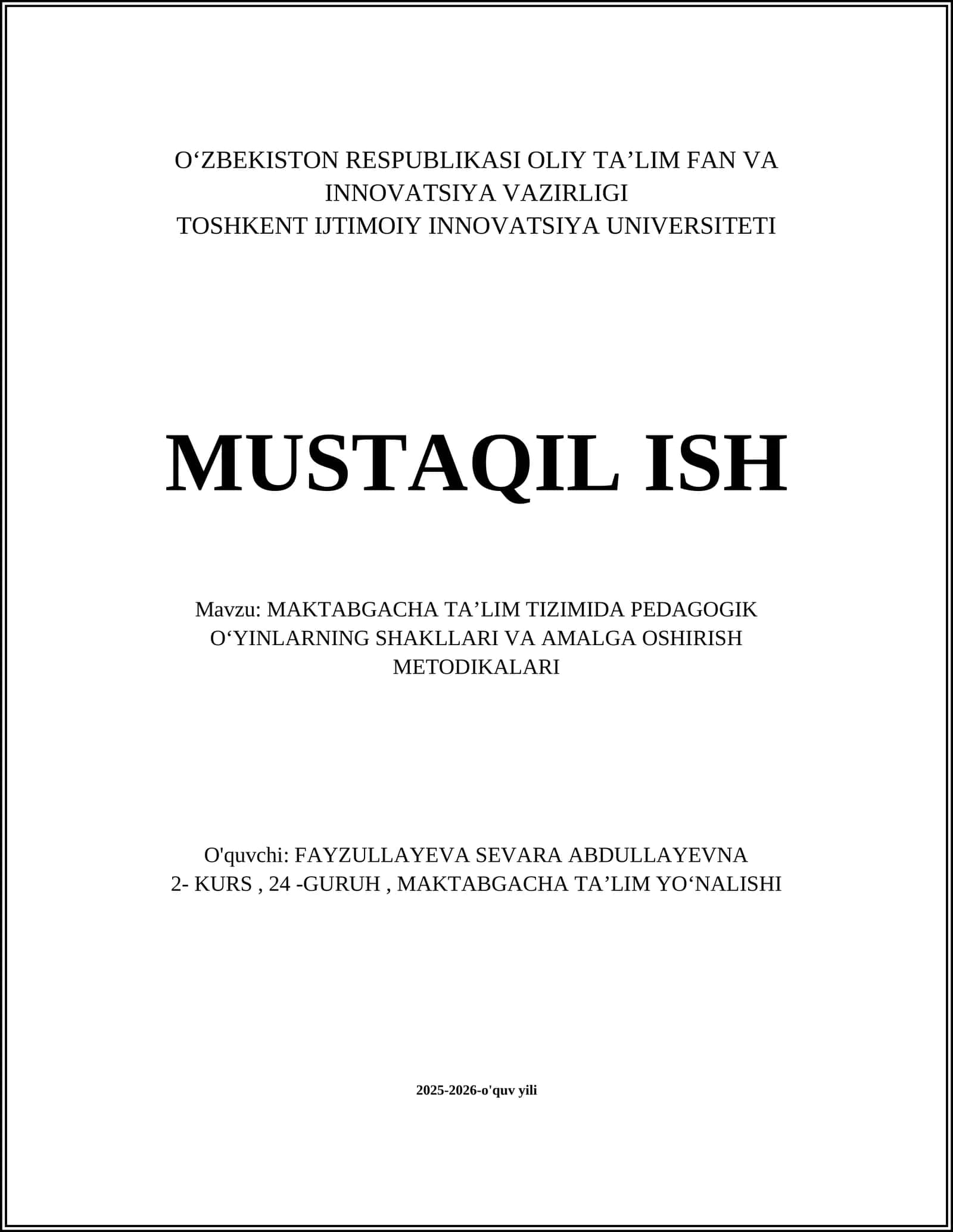 MAKTABGACHA TA’LIM TIZIMIDA PEDAGOGIK OʻYINLARNING SHAKLLARI VA AMALGA OSHIRISH METODIKALARI