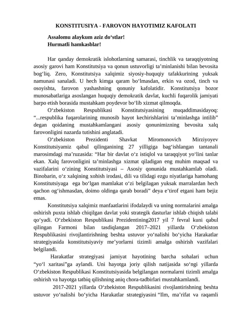 KONSTITUSIYA - FAROVON HAYOTIMIZ KAFOLATI