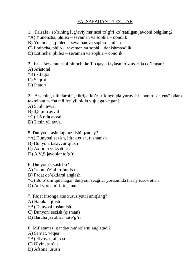 FALSAFADAN TЕSTLAR