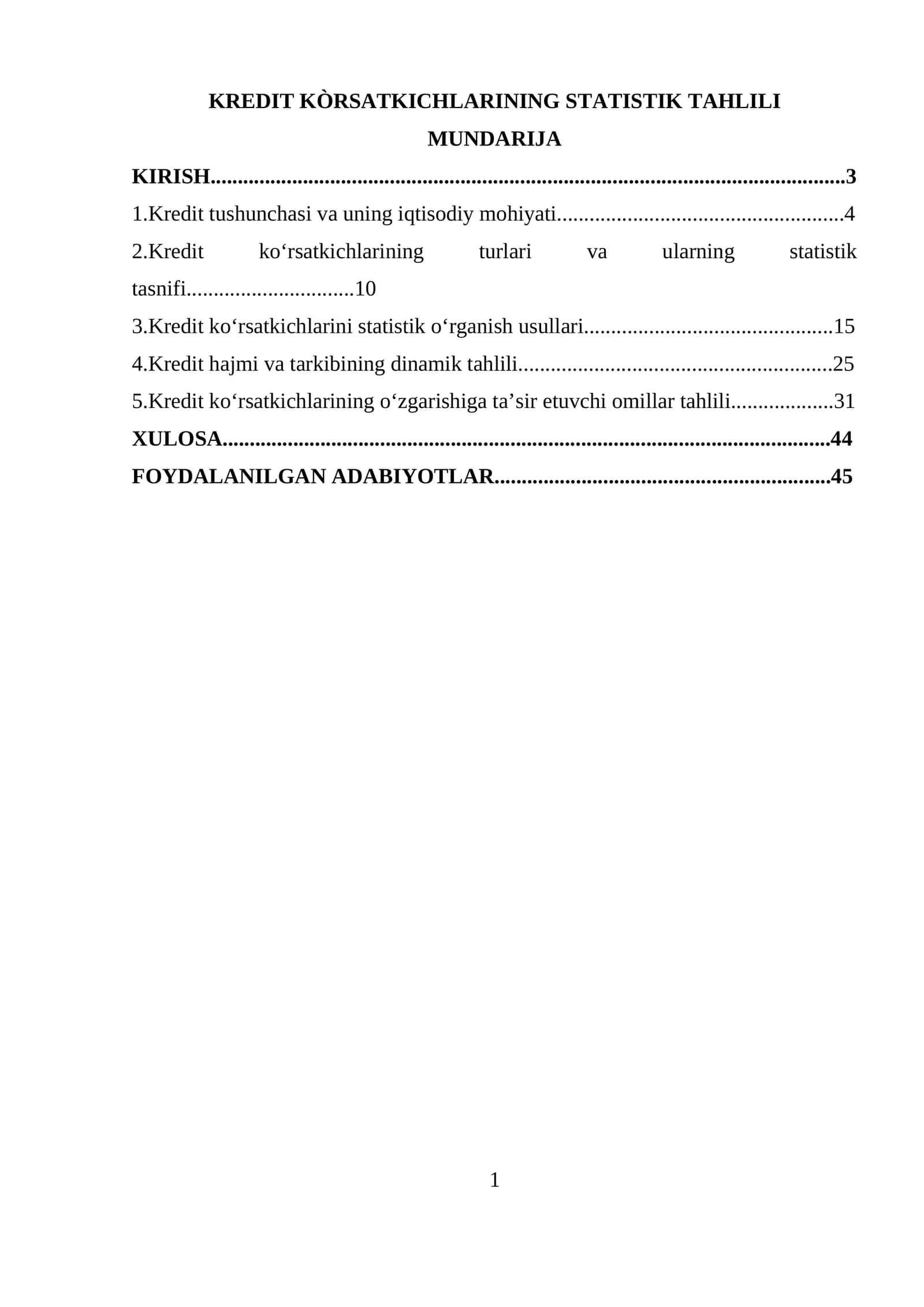 KREDIT KÒRSATKICHLARINING STATISTIK TAHLILI