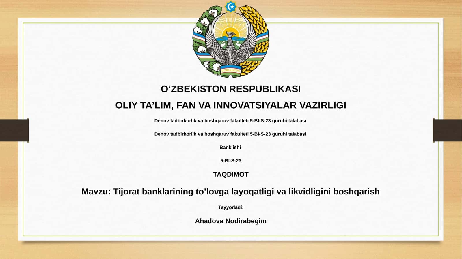 Tijorat banklarining to’lovga layoqatligi va likvidligini boshqarish