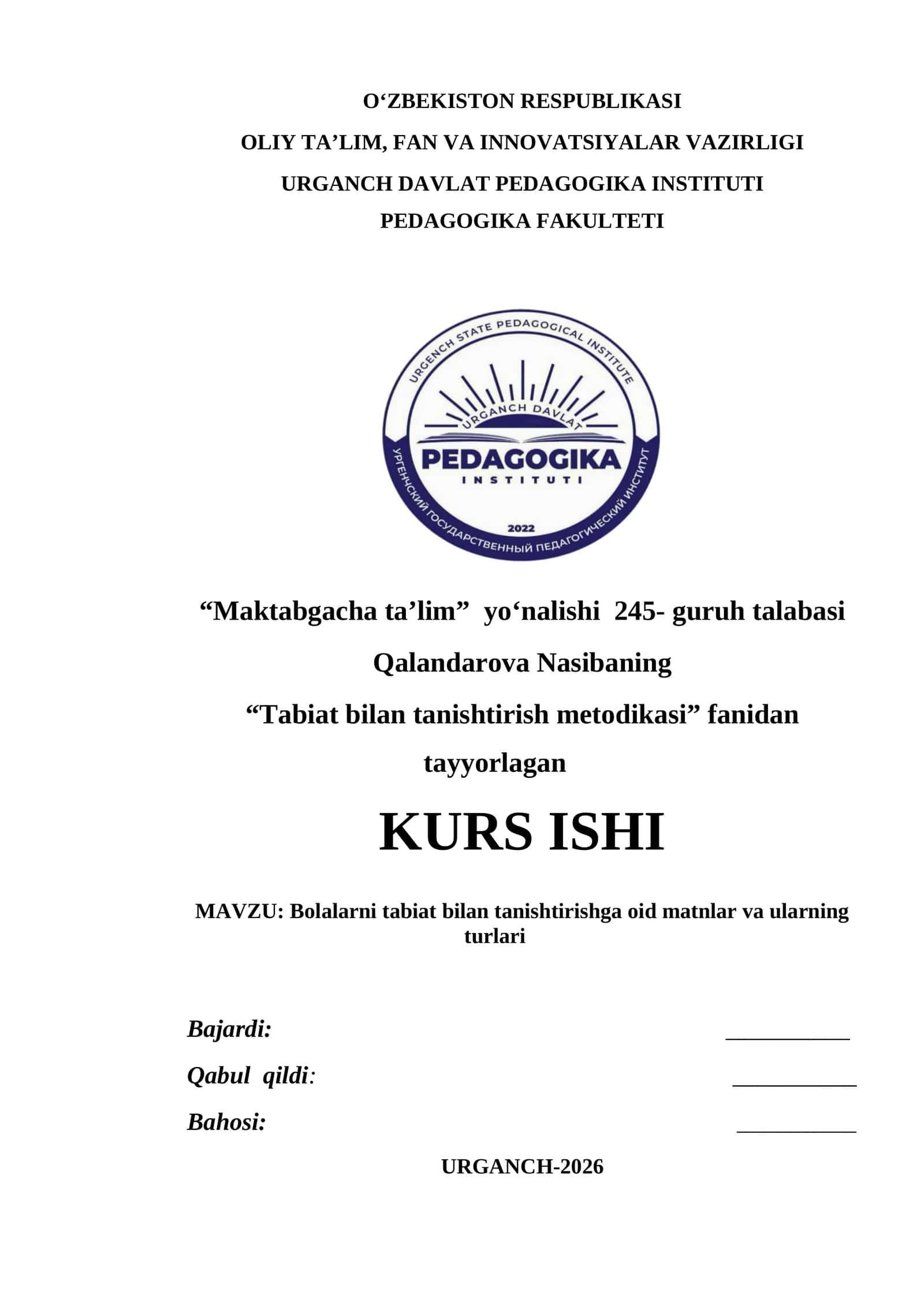 Bolalarni tabiat bilan tanishtirishga oid matnlar va ularning turlari