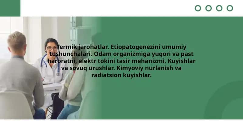 Termik jarohatlar. Etiopatogenezini umumiy tushunchalari. Odam organizmiga yuqori va past haroratni, elektr tokini tasir mehanizmi. Kuyishlar va sovuq urushlar. Kimyoviy nurlanish va radiatsion kuyishlar