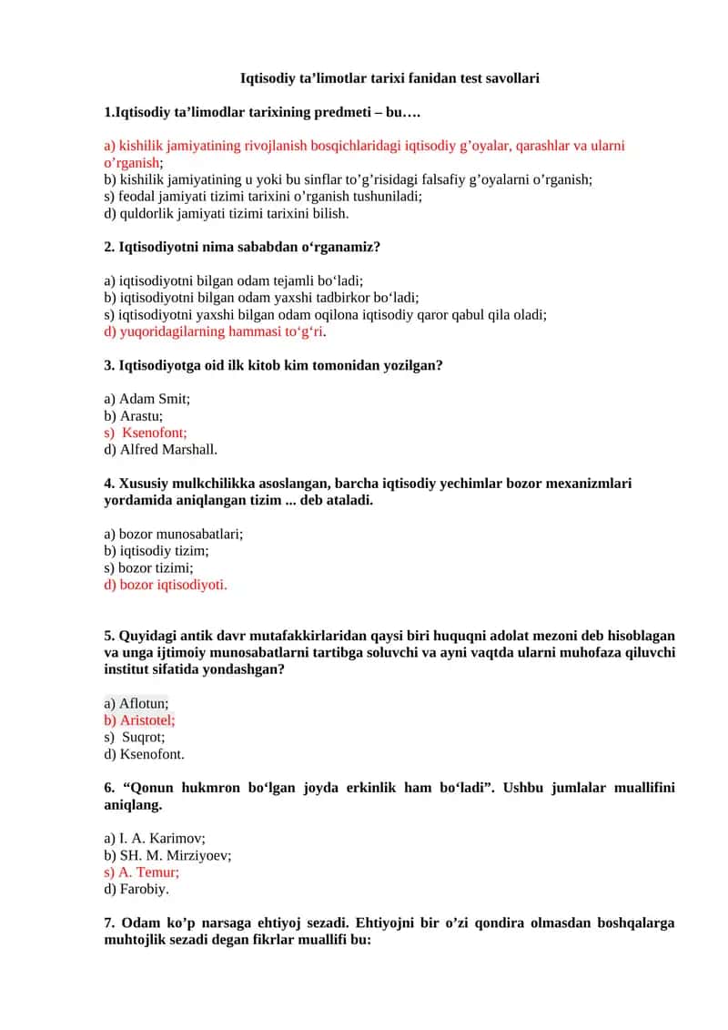 Iqtisodiy ta’limotlartarixi fanidan test savollari
