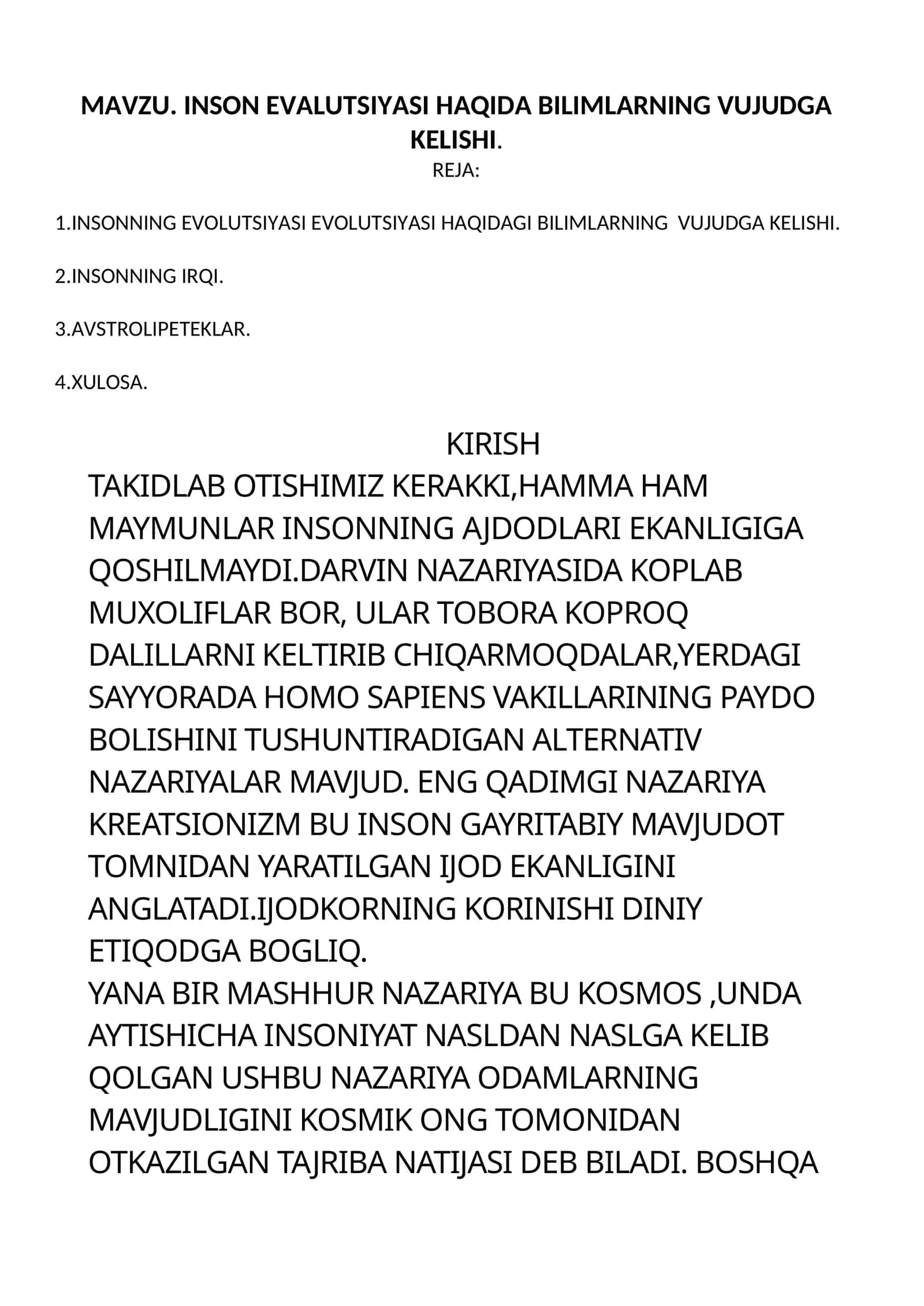 INSON EVALUTSIYASI HAQIDA BILIMLARNING VUJUDGA KELISHI