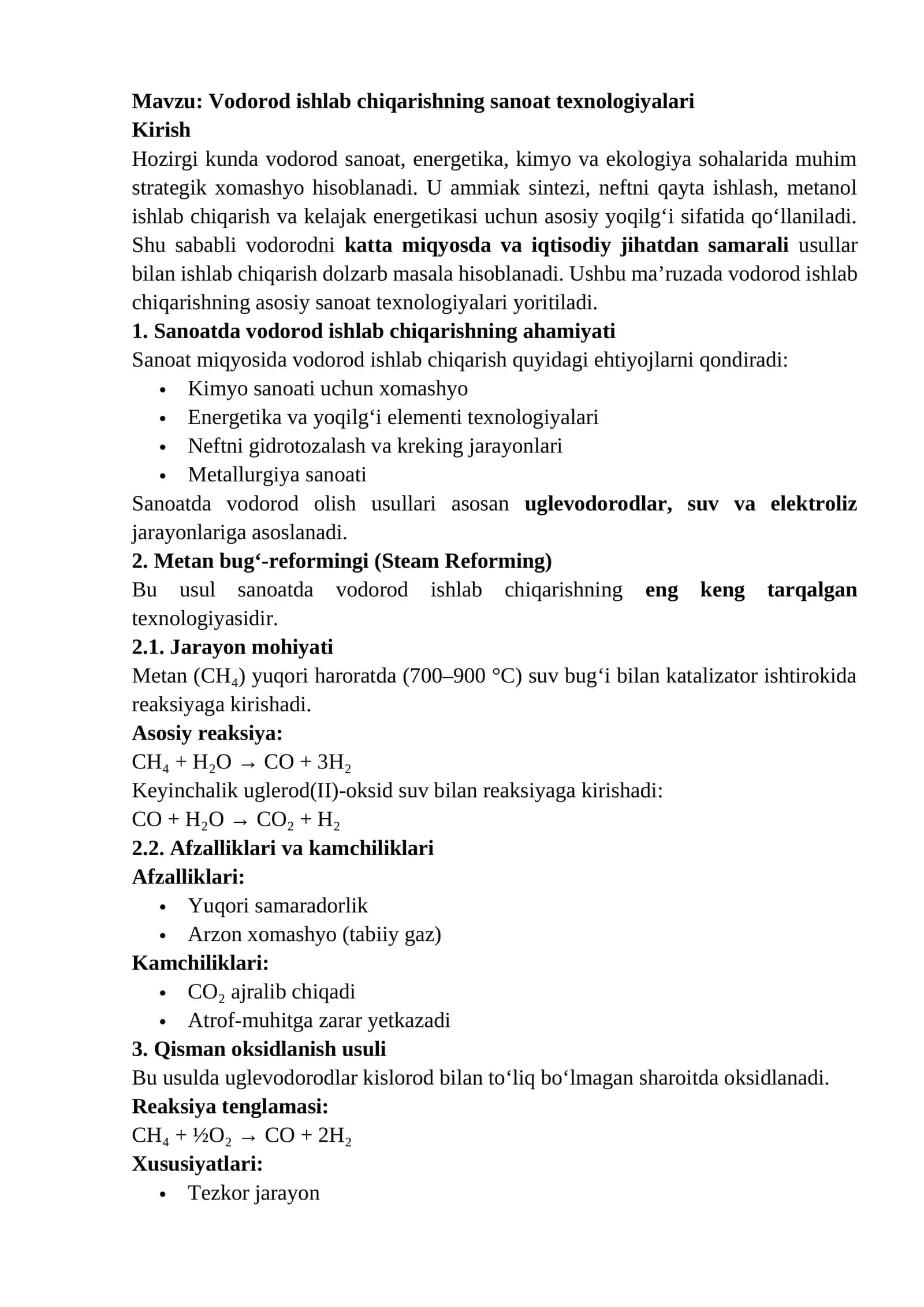 Vodorod ishlab chiqarishning sanoat texnologiyalari