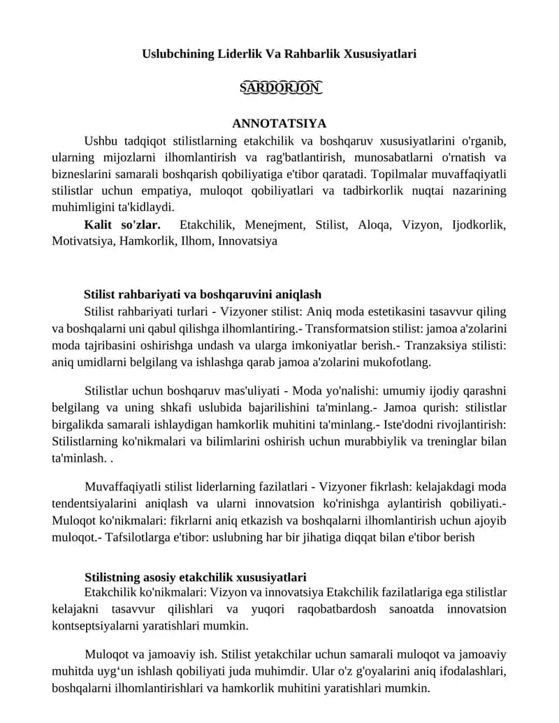 Uslubchining Liderlik Va Rahbarlik Xususiyatlari