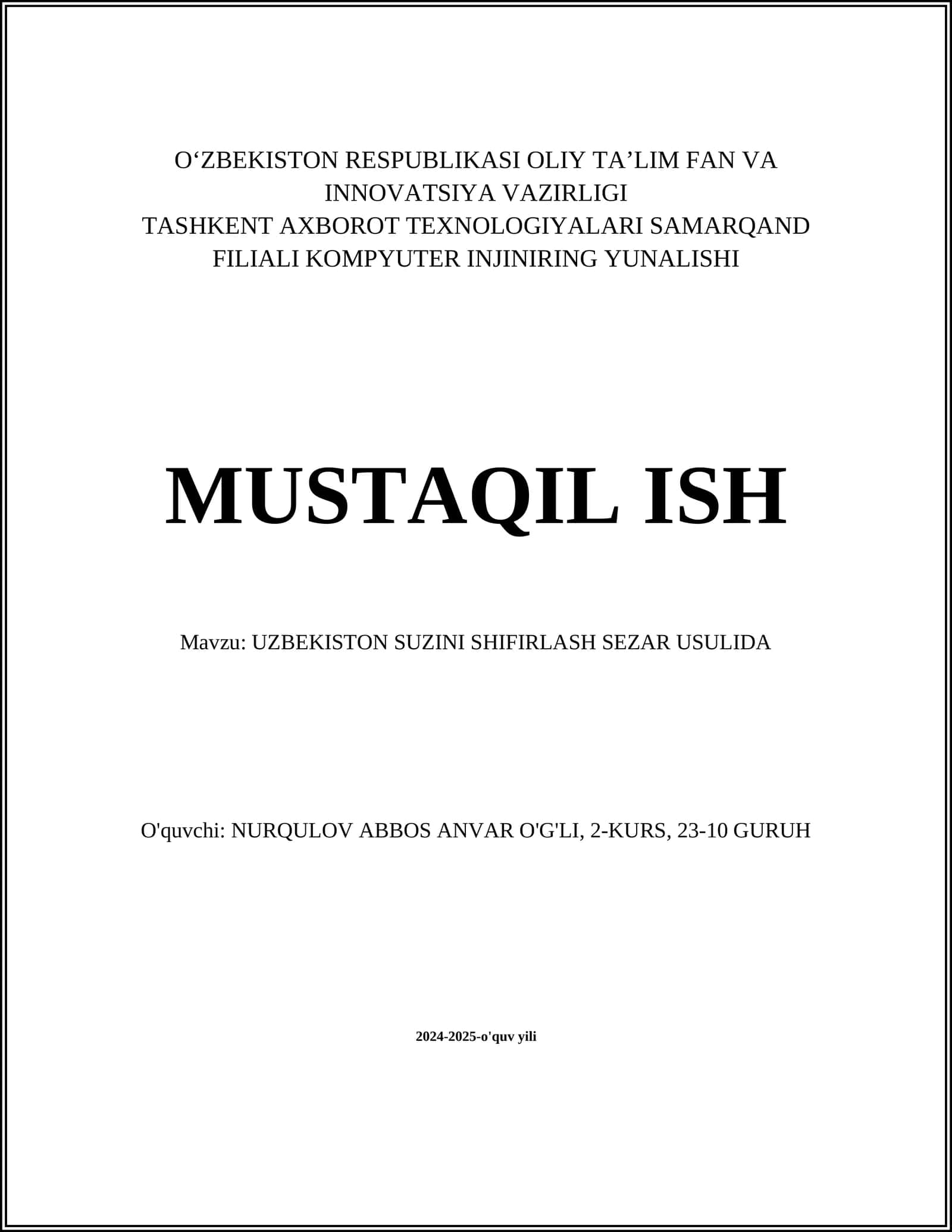 Uzbekiston Suzini Shifrlash Sezar Usulida