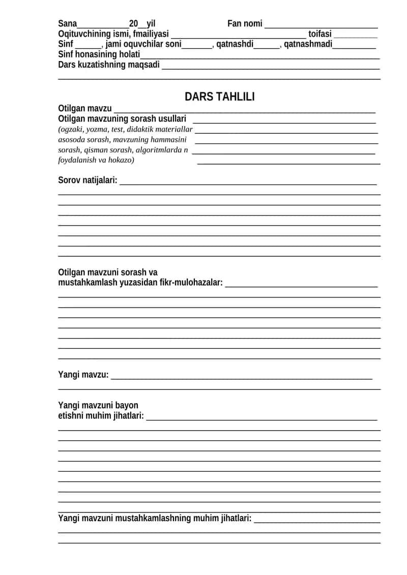 Dars taxlili va dars kuzatish namuna