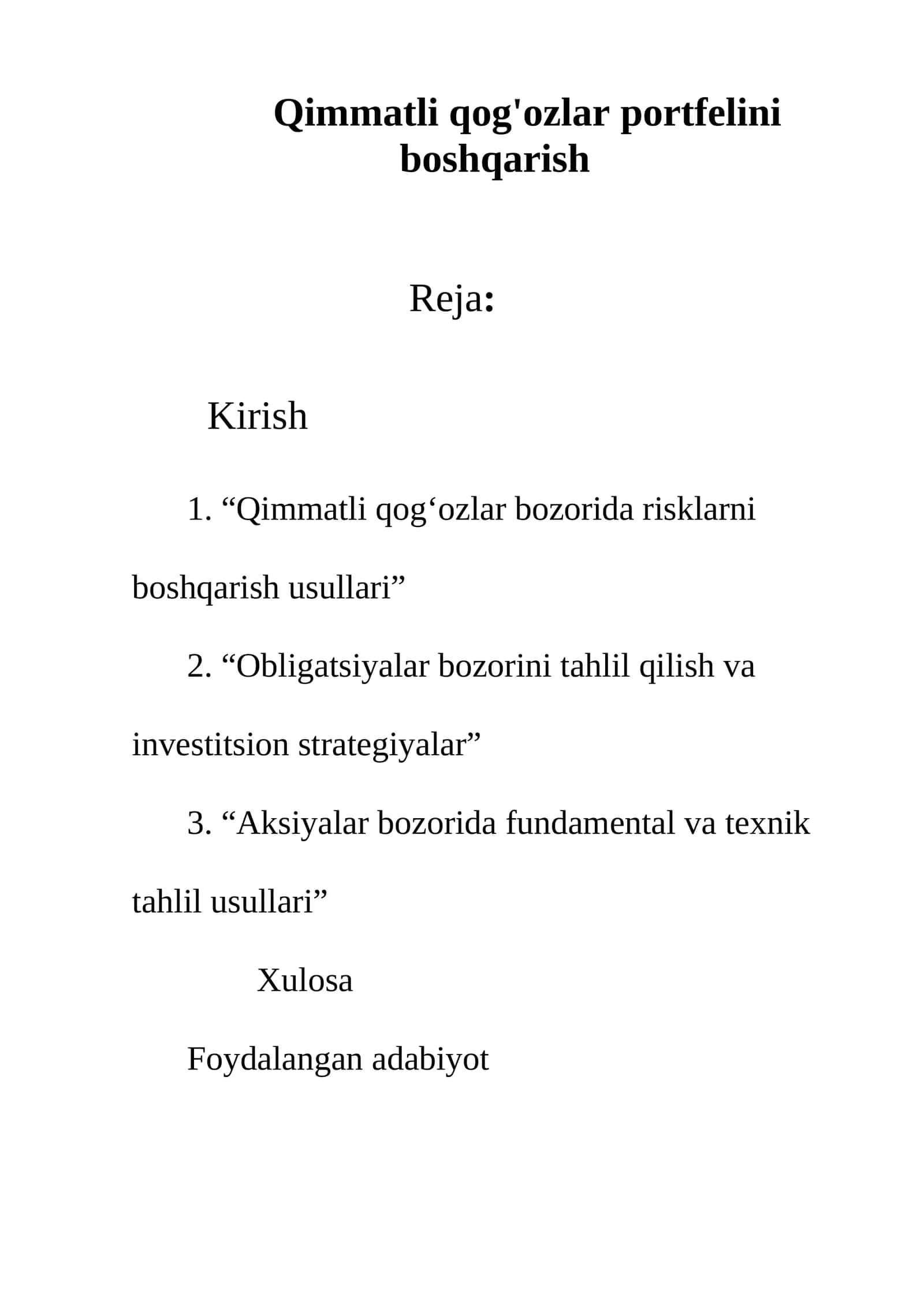 Qimmatli qog'ozlar portfelini boshqarish