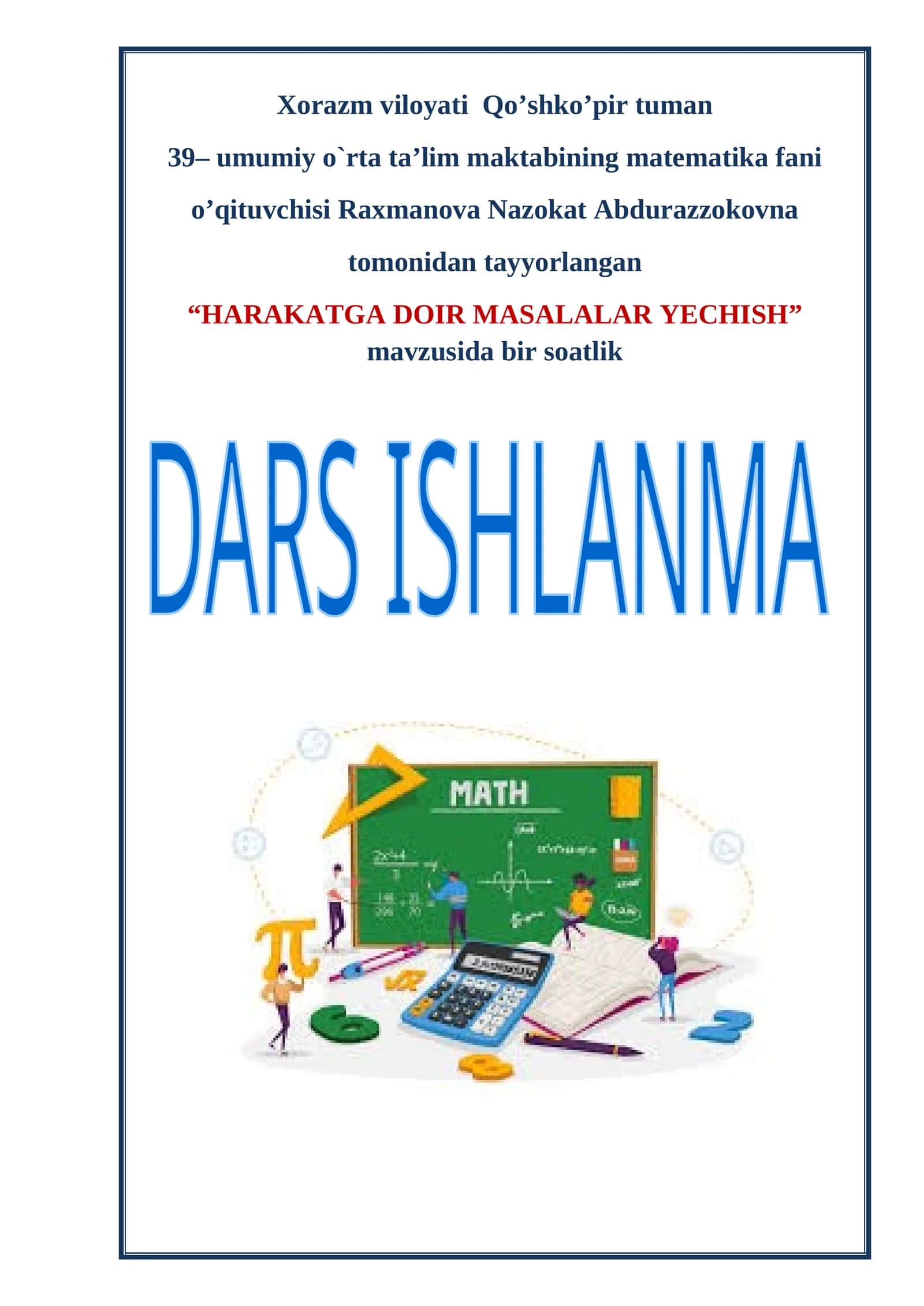 5-sinf Matematika fanidan Harakatga doir masalalar yechish ochiq dars ishlanma