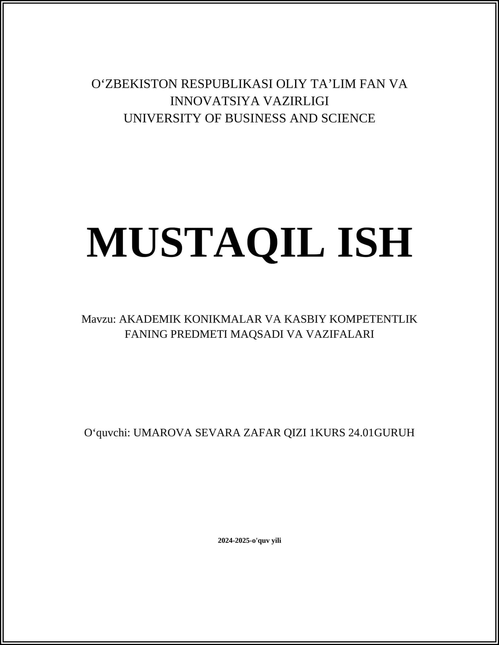 AKADEMIK KONIKMALAR VA KASBIY KOMPETENTLIK FANING PREDMETI MAQSADI VA VAZIFALARI