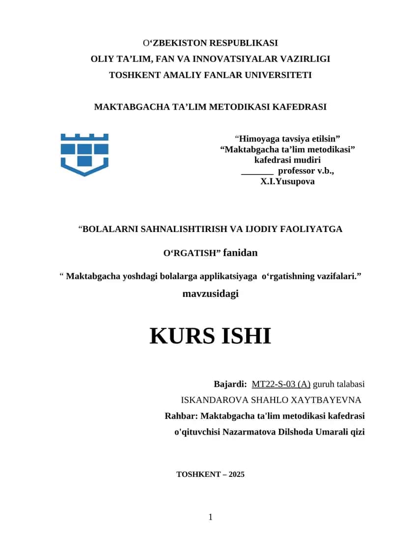 Maktabgacha yoshdagi bolalarga applikatsiyaga o‘rgatishning vazifalari