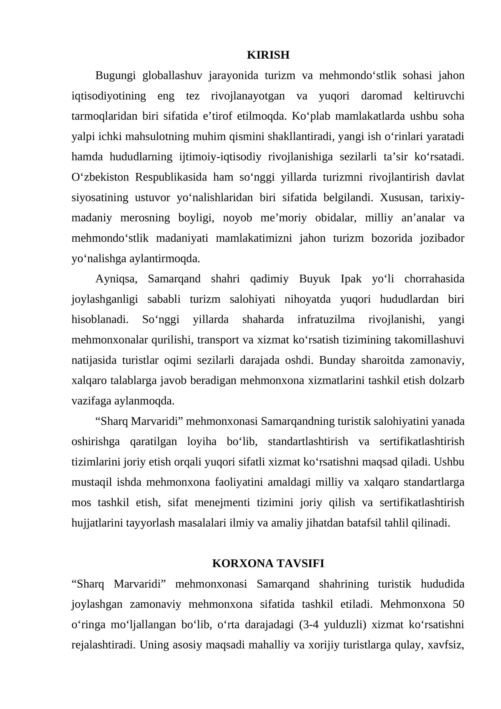 Mustaqil ish turizmda standartlashtirish va sertifikatlashtirish fani