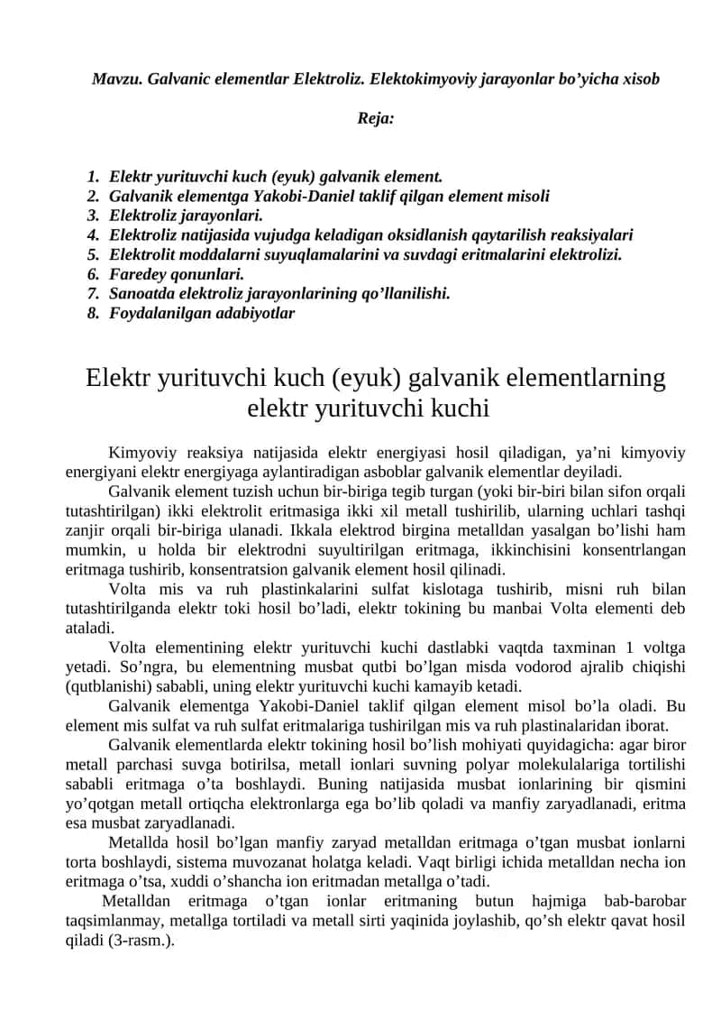 Galvanic Elementlar Elektroliz
