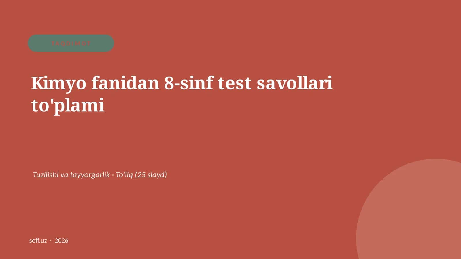 Kimyo fanidan 8-sinf test savollari to'plami