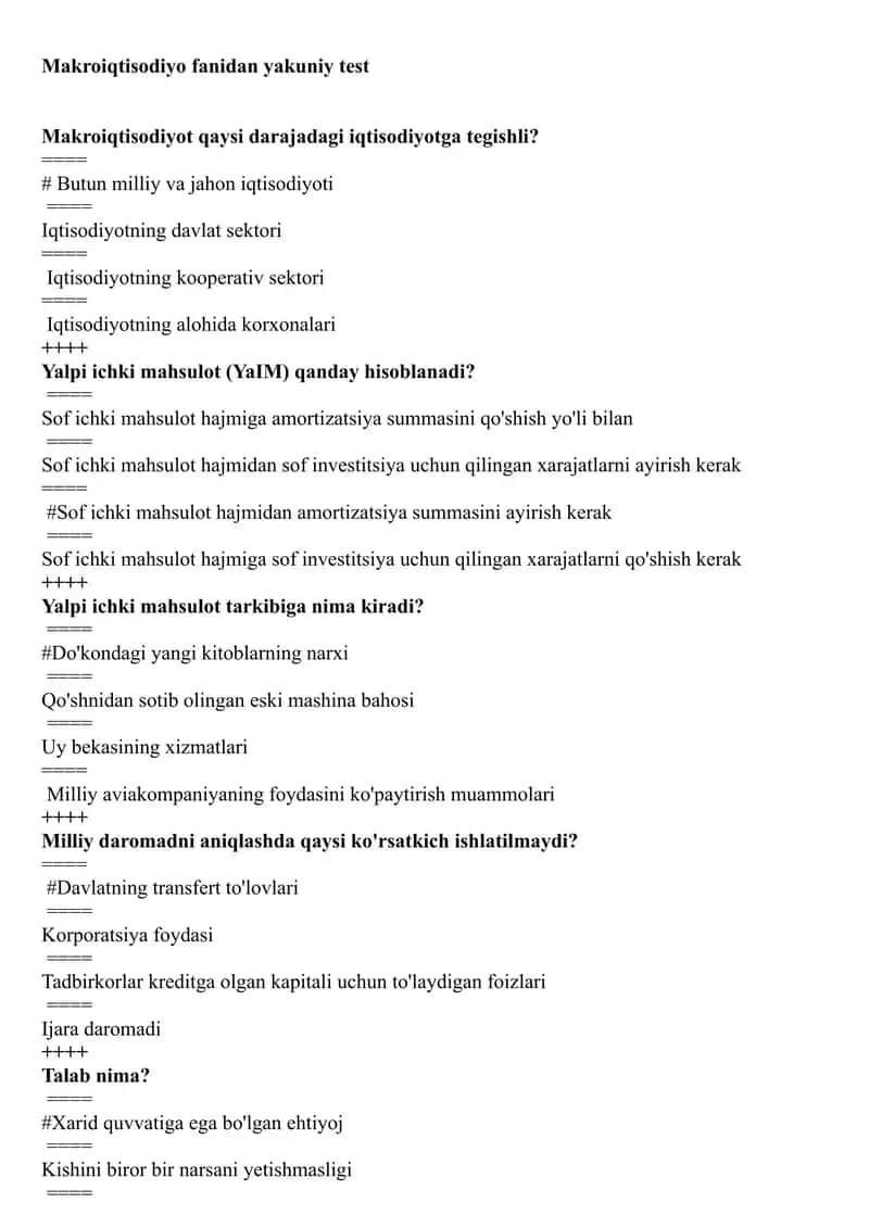 Makroiqtisodiyot fanidan yakuniy test , 100 talik javoblari bilan