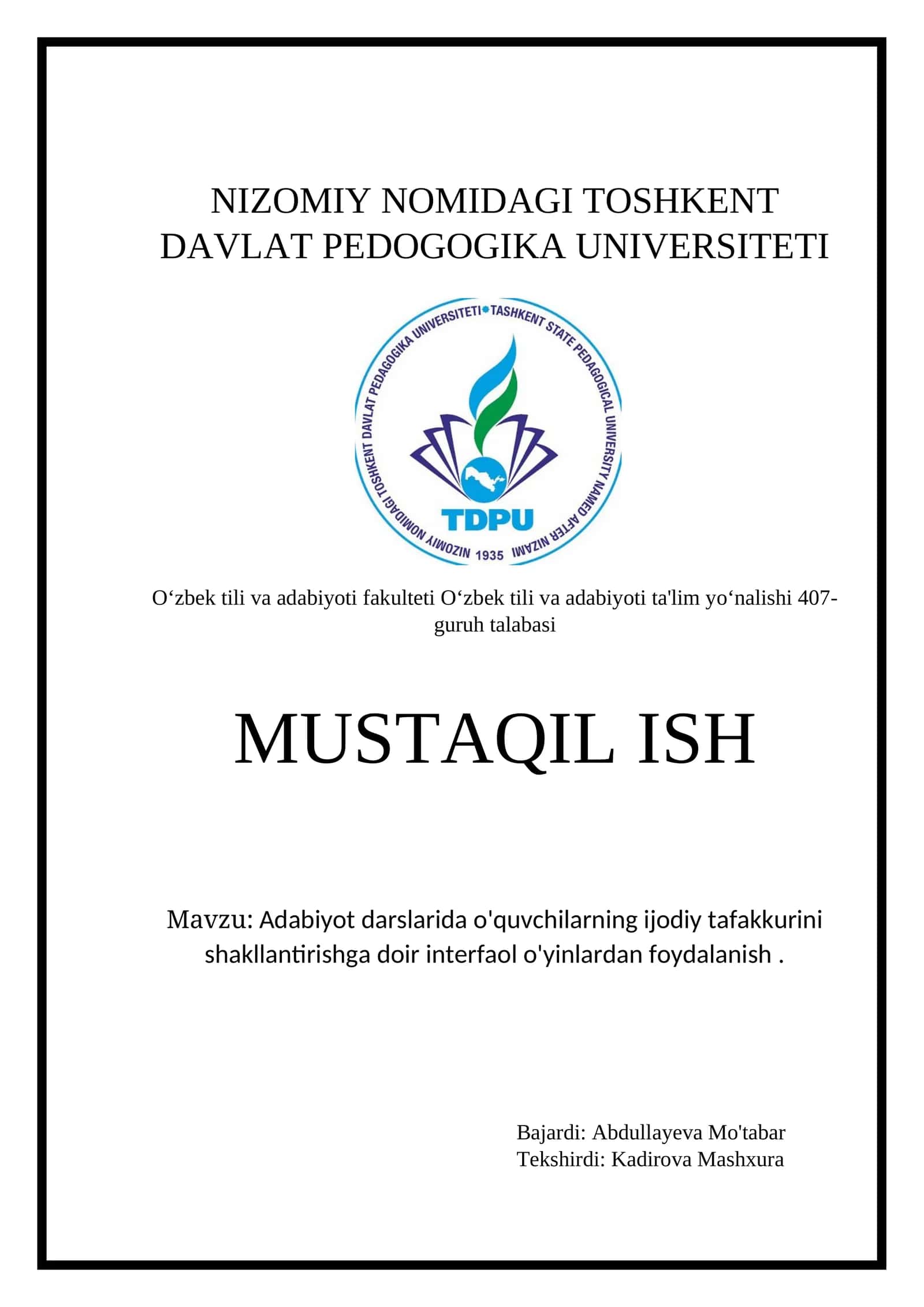 NIZOMIY NOMIDAGI TOSHKENT DAVLAT PEDOGOGIKA UNIVERSITETI