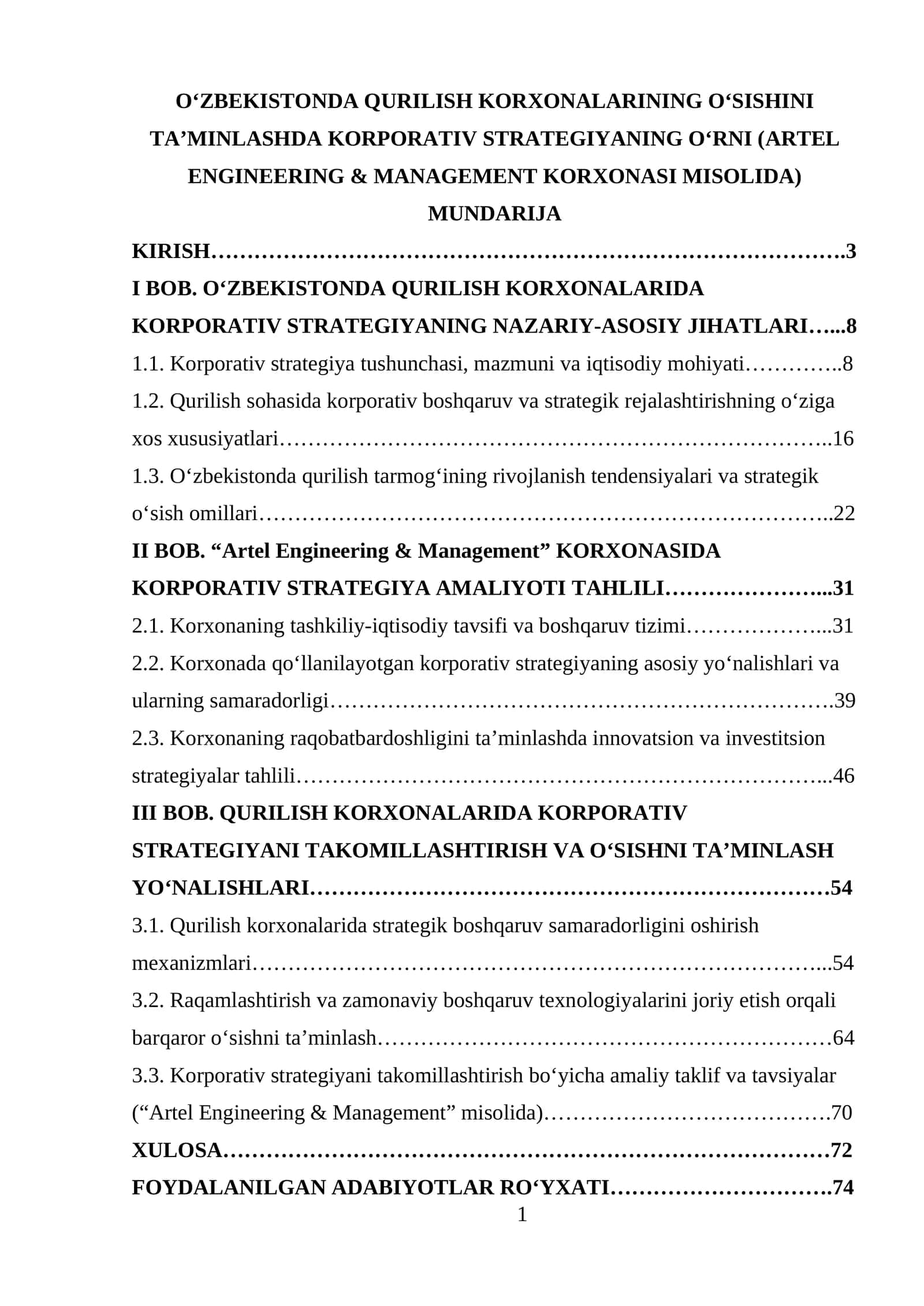 O‘ZBEKISTONDA QURILISH KORXONALARINING O‘SISHINI TA’MINLASHDA KORPORATIV STRATEGIYANING O‘RNI (ARTEL ENGINEERING & MANAGEMENT KORXONASI MISOLIDA)