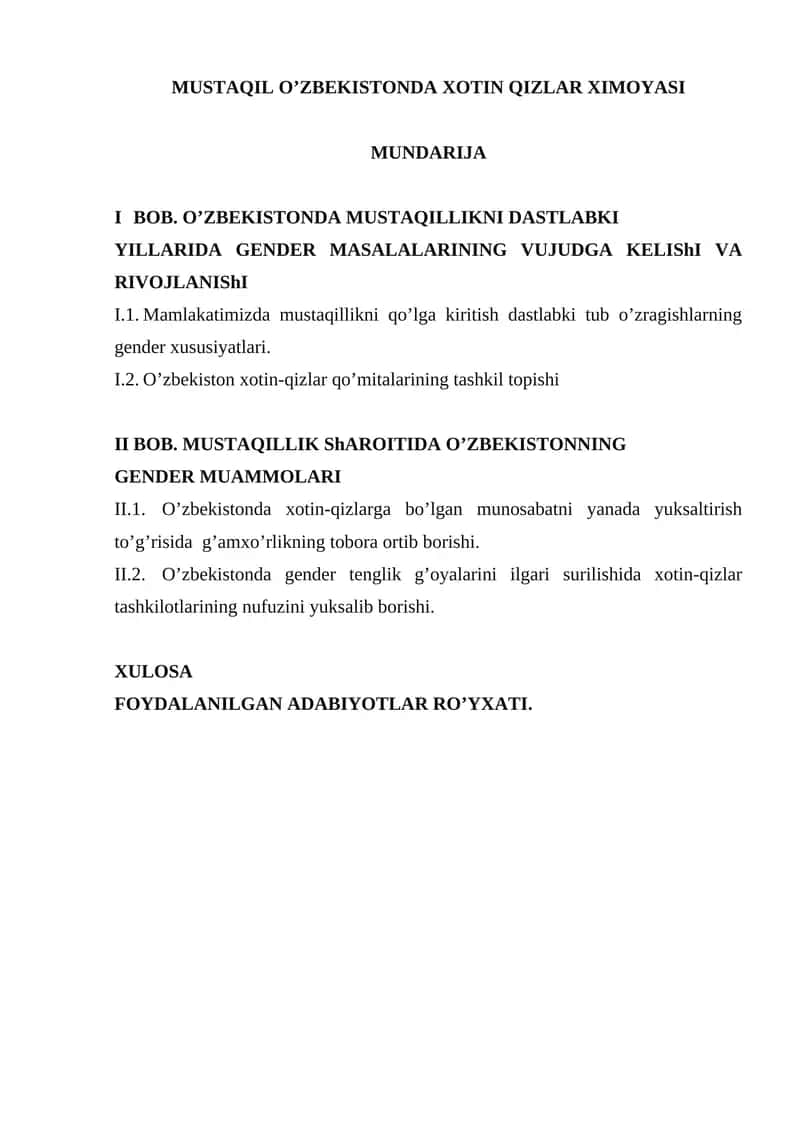 MUSTAQIL O’ZBEKISTONDA XOTIN QIZLAR XIMOYASI