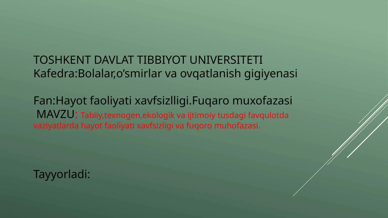 Tabiiy, texnogen, ekologik va ijtimoiy tushlar dagi favqulot davaziyatlari haqida