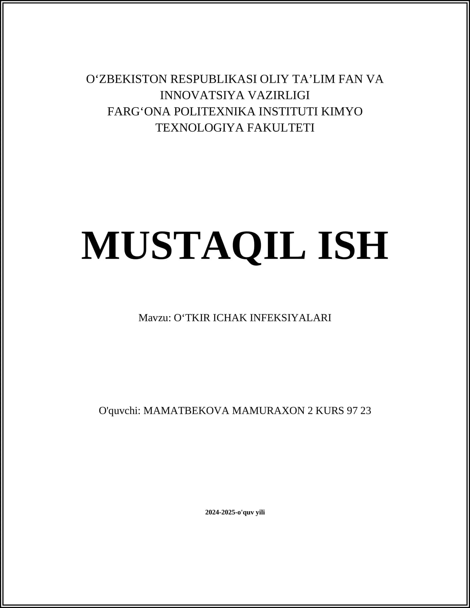 OʻTKIR ICHAK INFEKSIYALARI