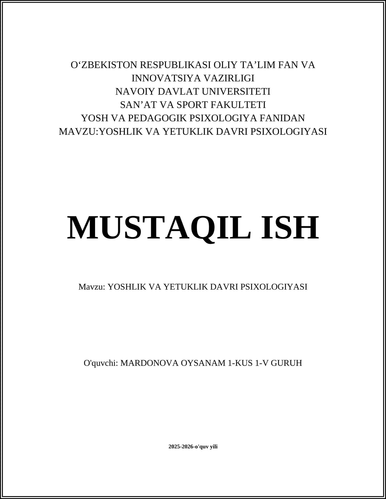 YOSHLIK VA YETUKLIK DAVRI PSIXOLOGIYASI
