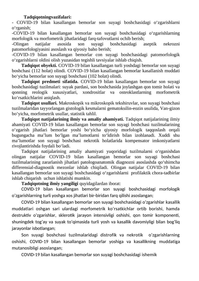 COVID-19 bilan kasallangan bemorlar son suyagi boshchasidagi o‘zgarishlar