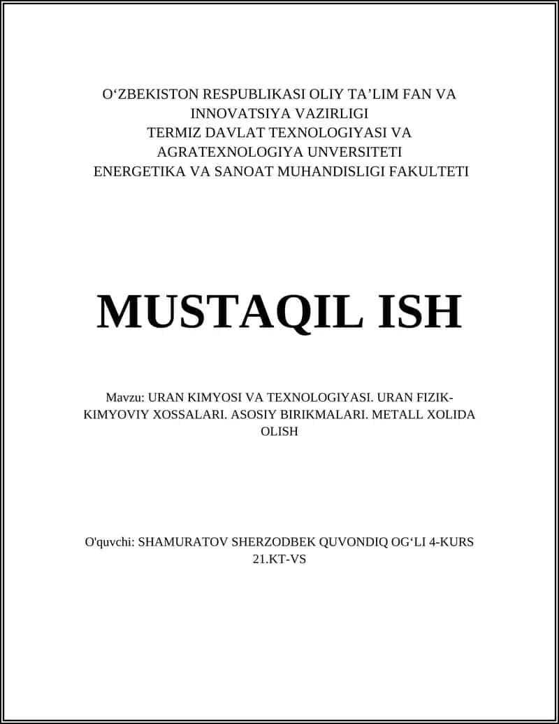 URAN KIMYOSI VA TEXNOLOGIYASI