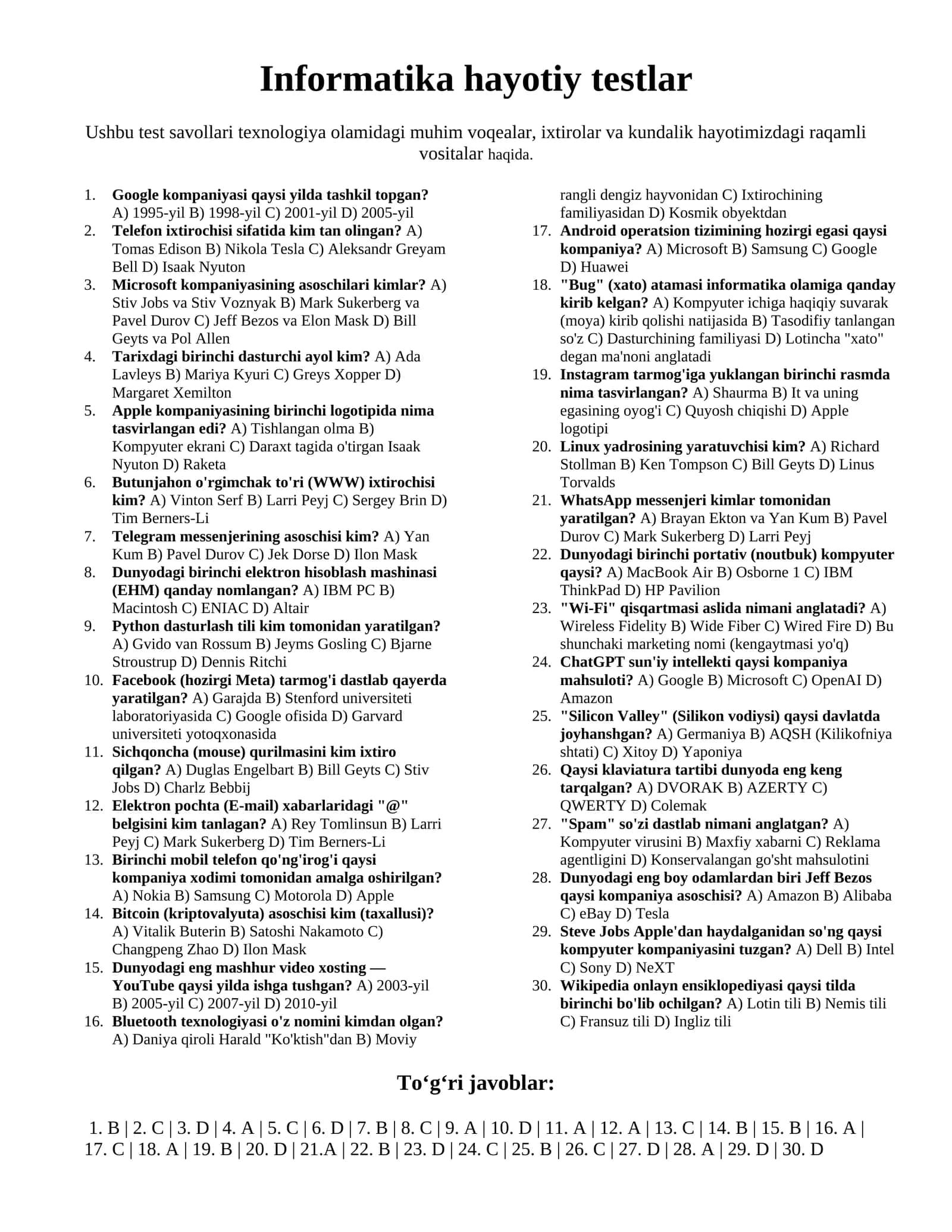 Informatikadan 30 hayotiy test