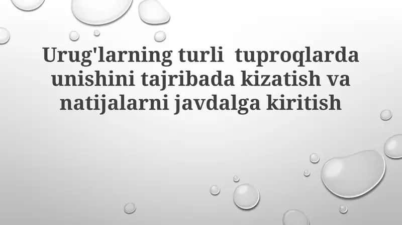 Urug'larning turli tuproqlarda unib chiqishini tajribadan kizatish va natijalarni javobga kiritish
