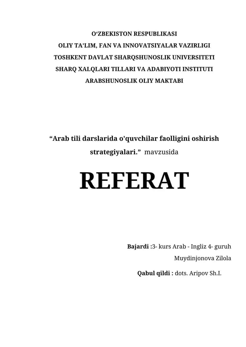 Arab tili darslarida o'quvchilar faolligini oshirish strategiyalari.