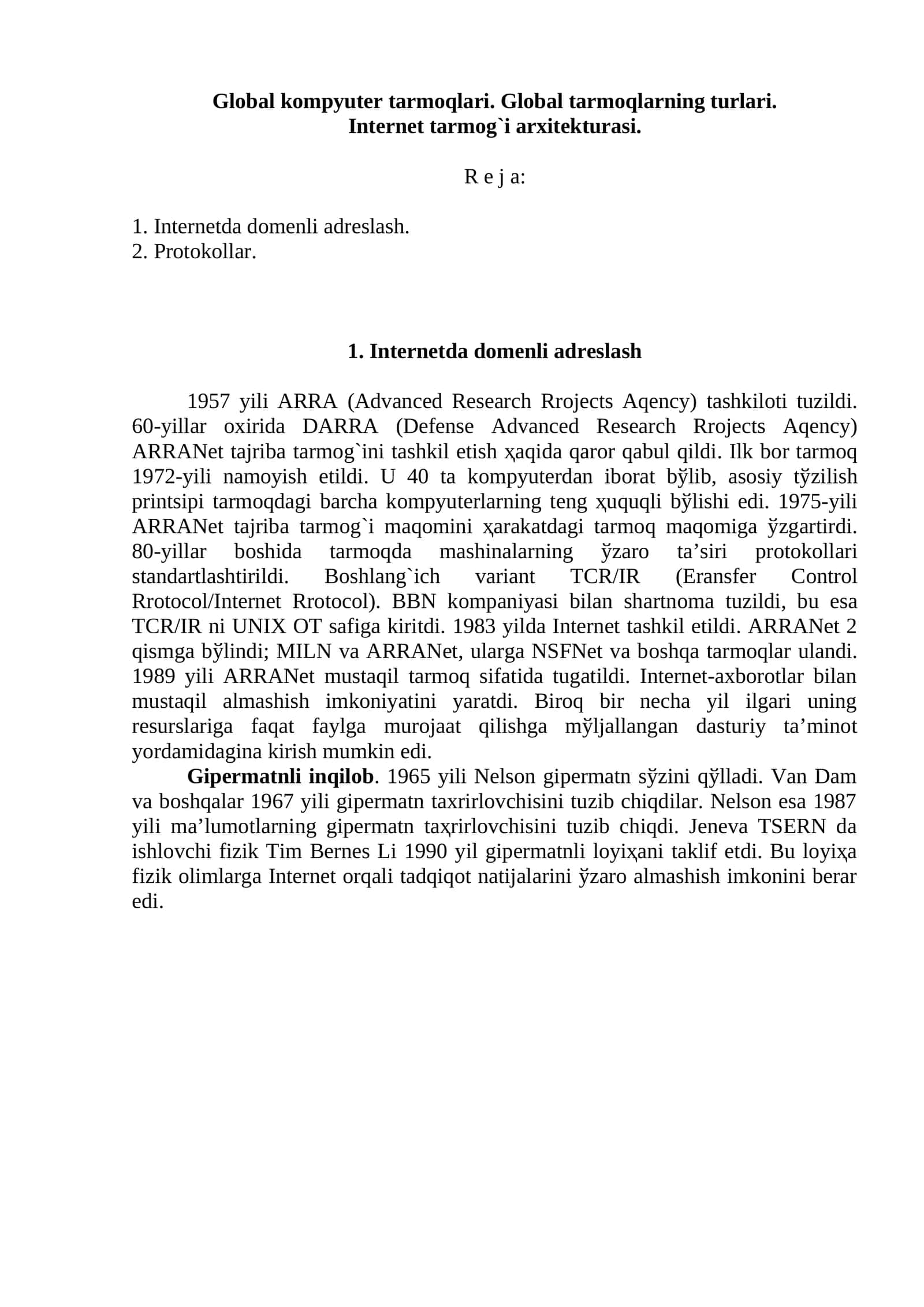 Internet tarmoqi arxitеkturasi