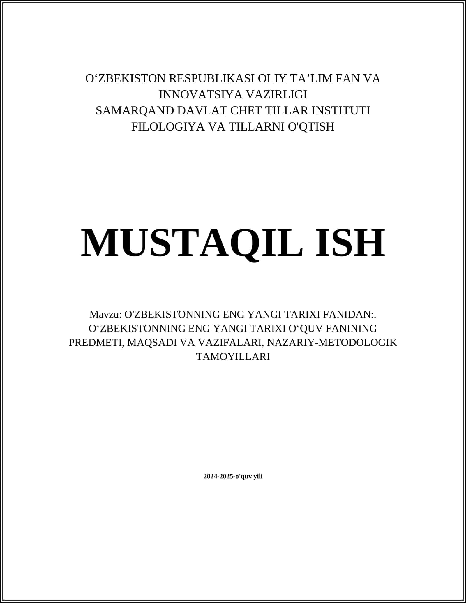O'ZBEKISTONNING ENG YANGI TARIXI FANIDAN