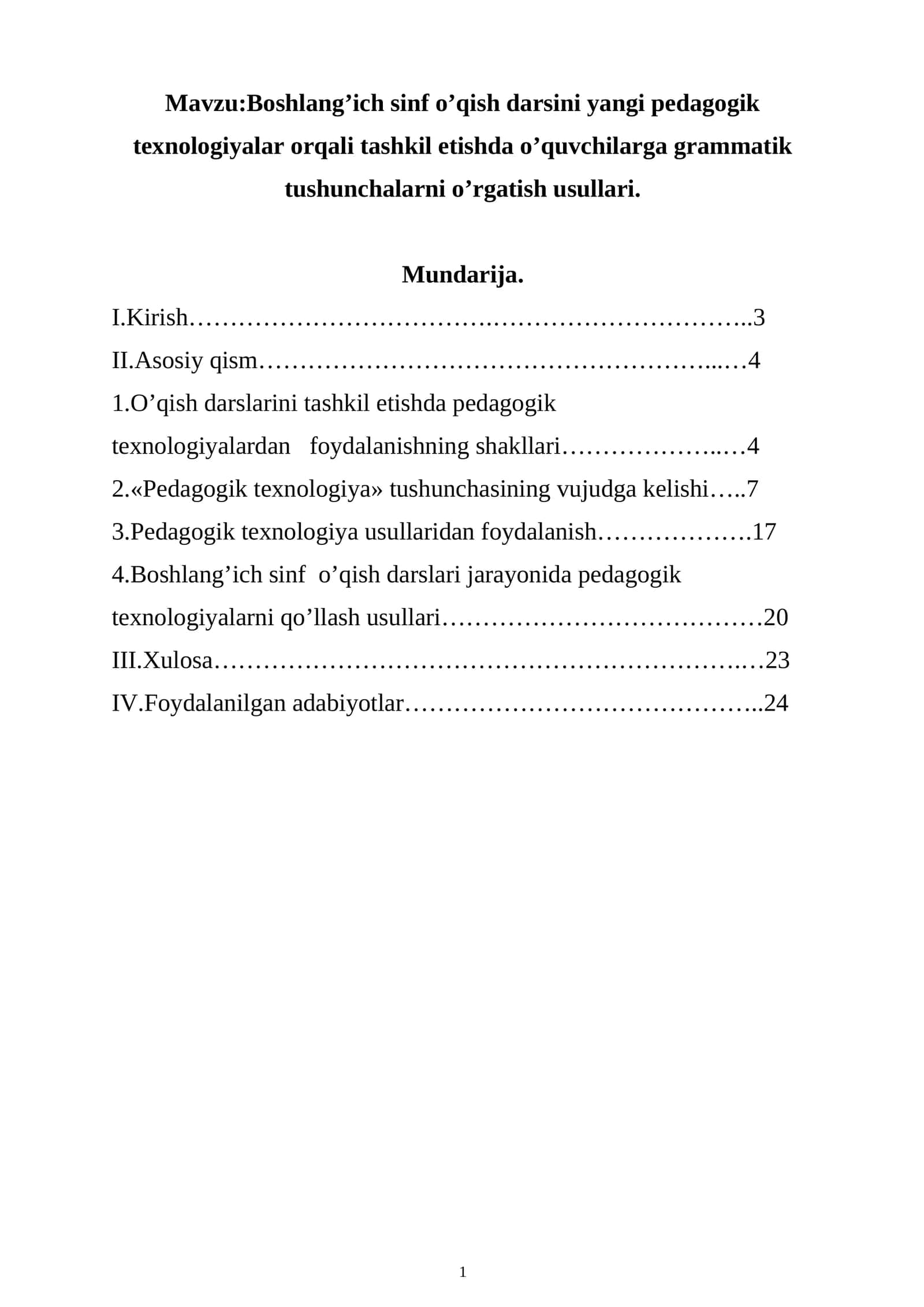 Boshlang’ich sinf o’qish darsini yangi pedagogik texnologiyalar orqali tashkil etishda o’quvchilarga grammatik tushunchalarni o’rgatish usullari