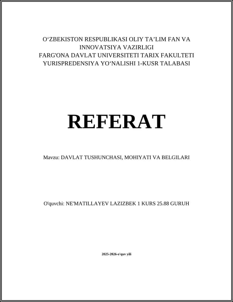DAVLAT TUSHUNCHASI, MOHIYATI VA BELGILARI