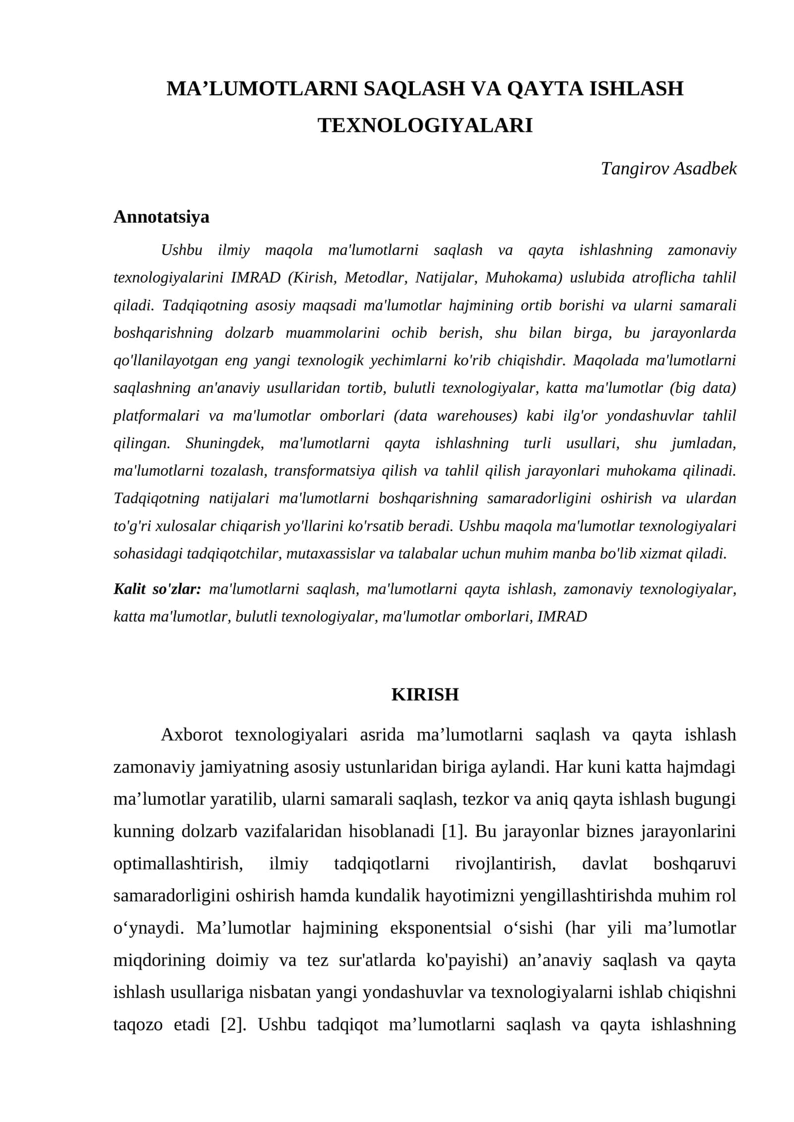 MA’LUMOTLARNI SAQLASH VA QAYTA ISHLASH TEXNOLOGIYALARI