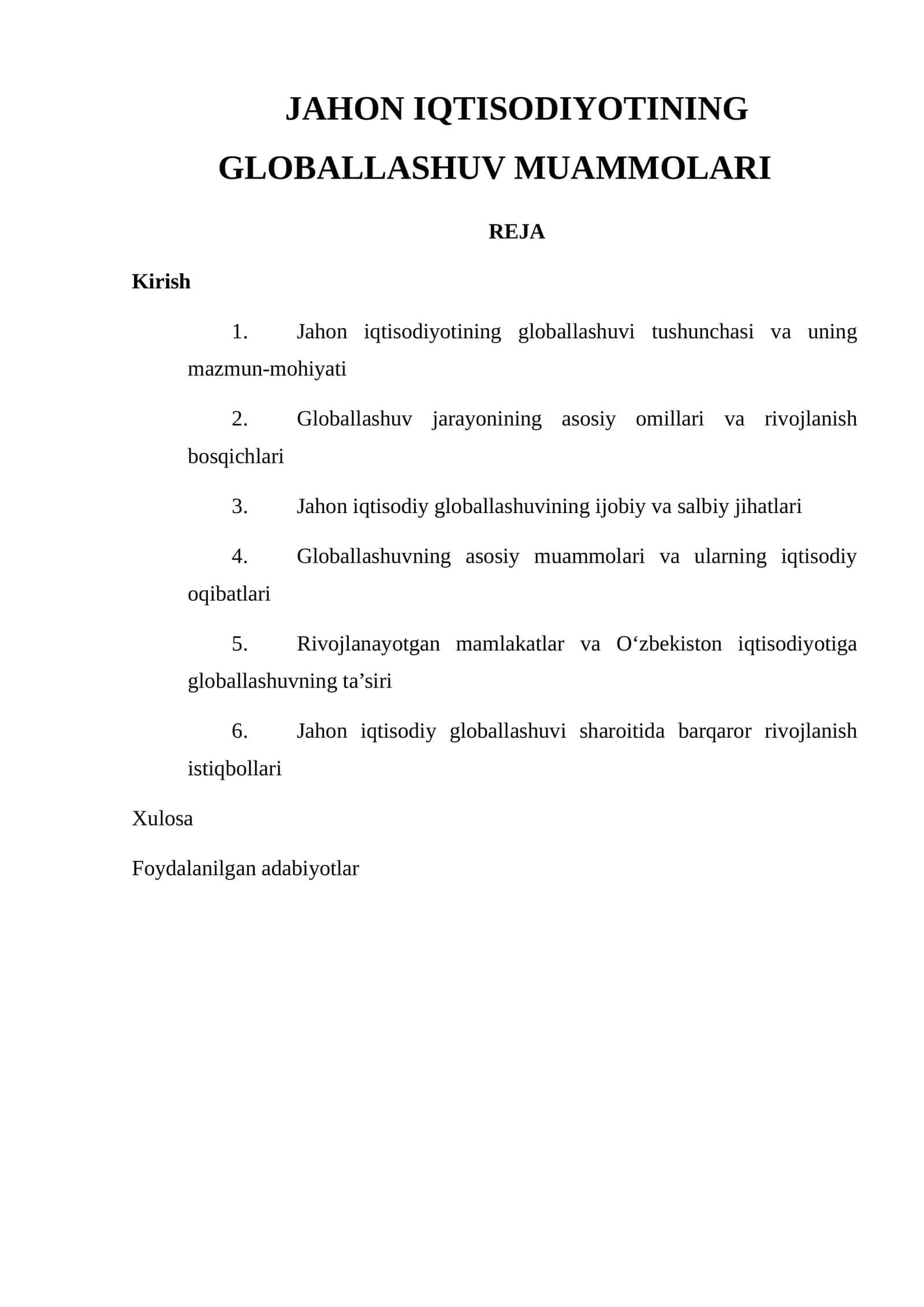 Jahon iqtisodiyotining globallashuv muammolari