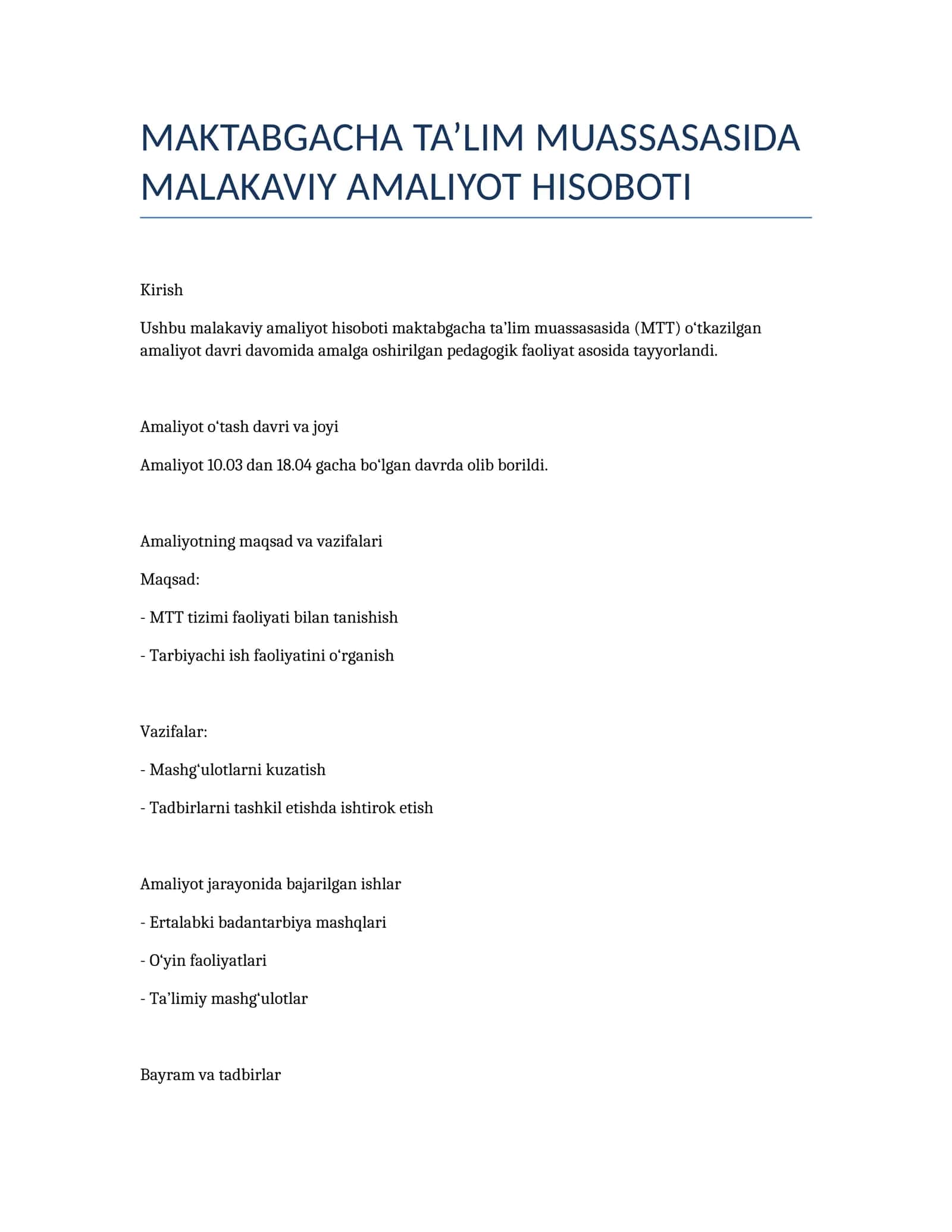 MAKTABGACHA TA’LIM MUASSASASIDA MALAKAVIY AMALIYOT HISOBOTI