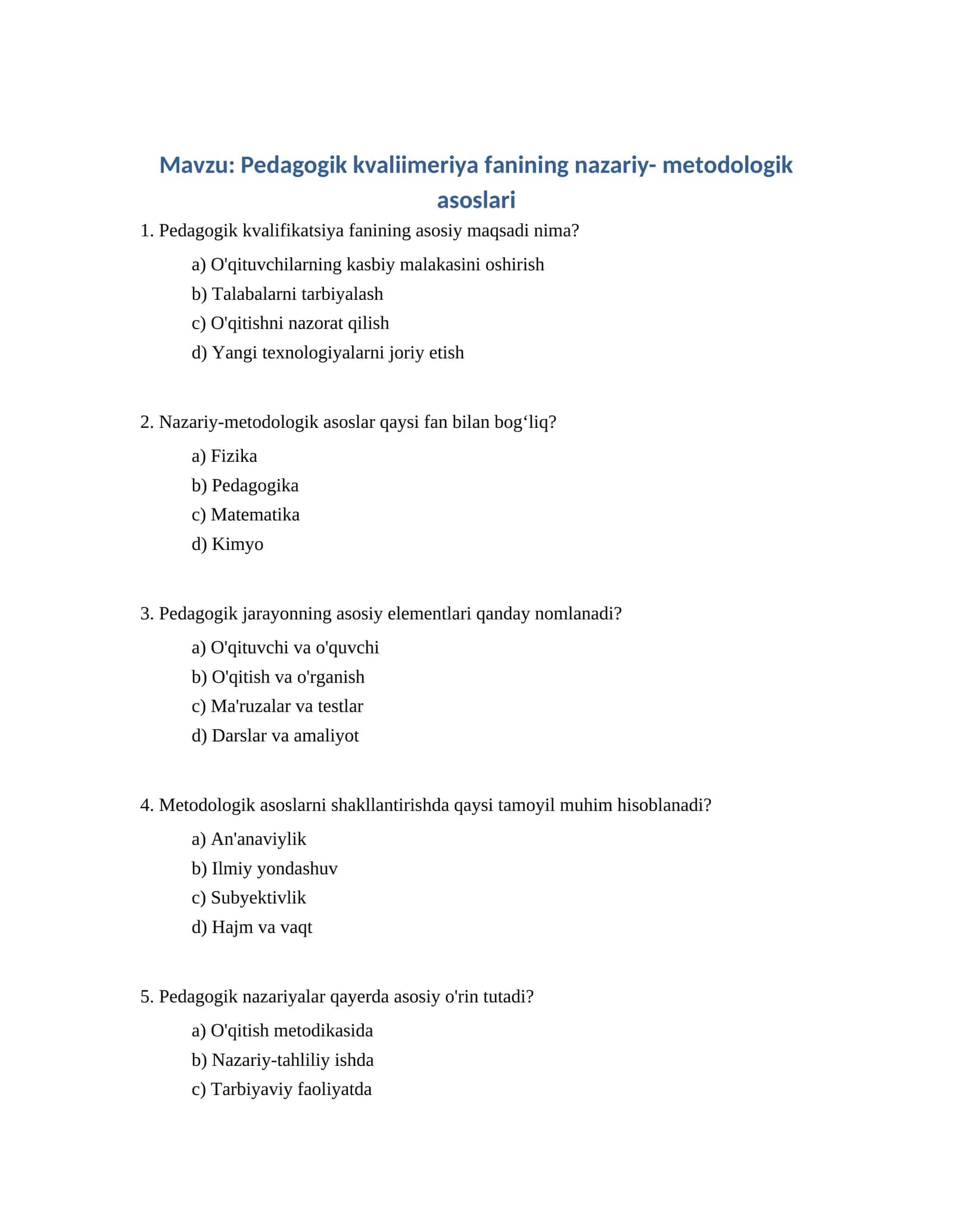 Pedagogik kvaliimeriya fanining nazariy- metodologik asoslari