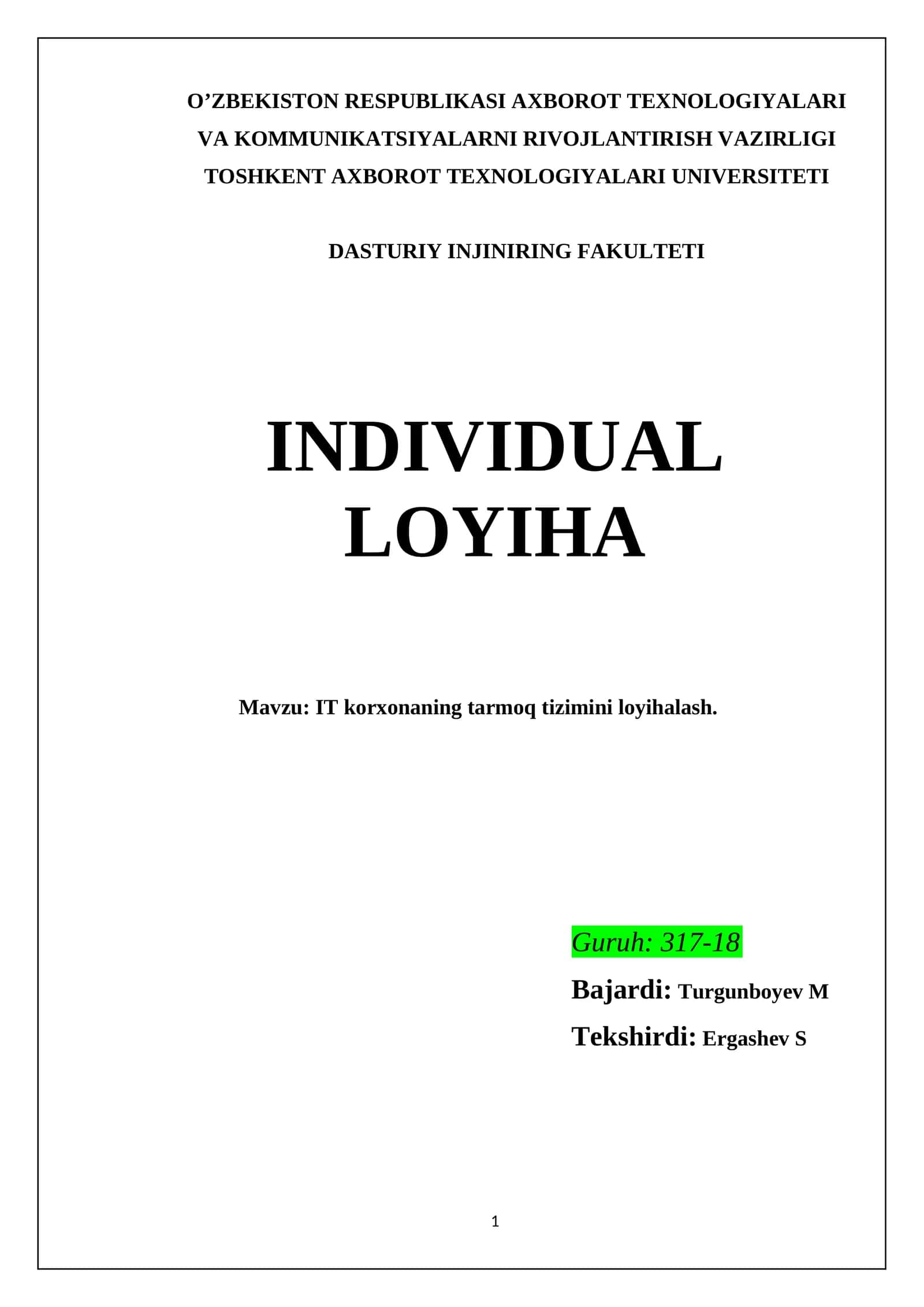 IT korxonaning tarmoq tizimini loyihalash